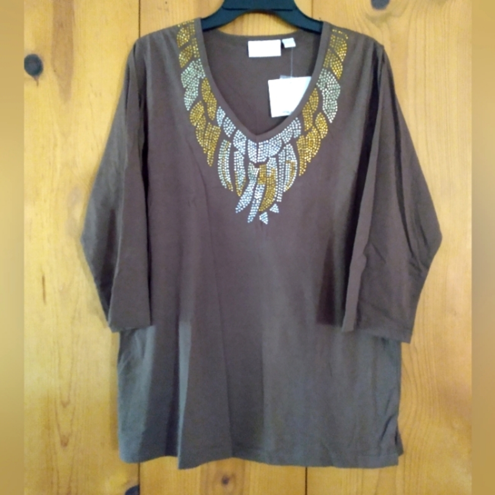 Quacker Factory 3/4 Sleeve Cotton Jersey Top With Tribal Rhinestone Detail